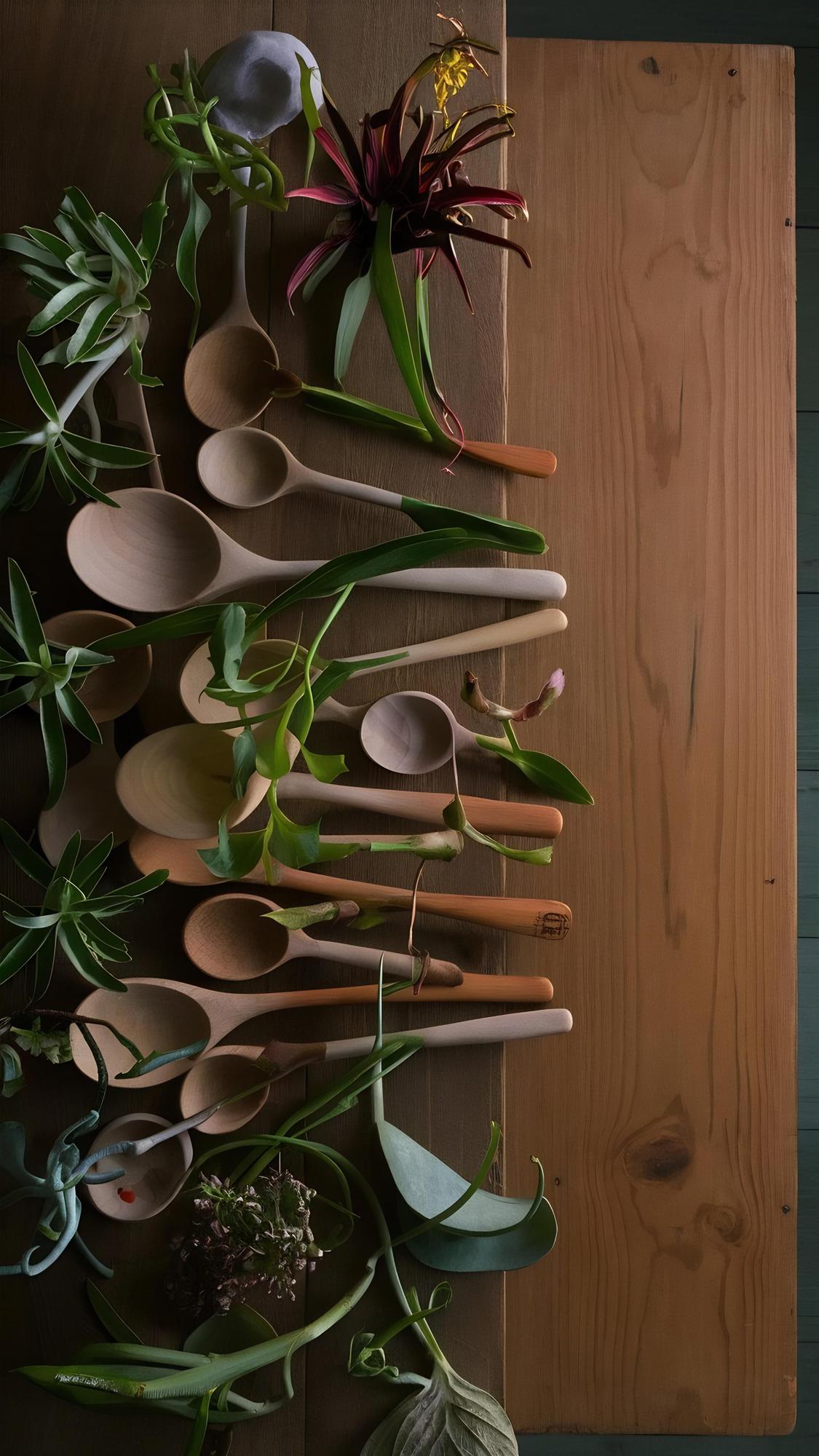 Angolo cucina con utensili in legno e piante